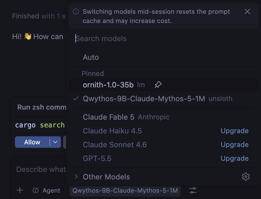 The VS Code Copilot model picker showing the configured LM Studio and Unsloth Studio models, with the Unsloth model selected