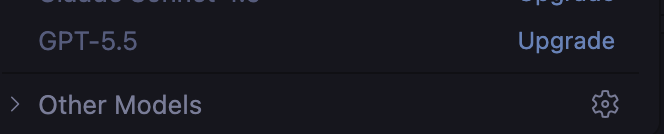 The Other Models section in the VS Code Copilot model picker with its configuration gear highlighted